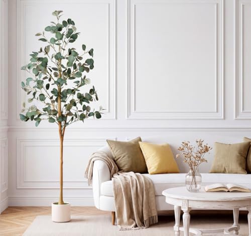 6FT Artificial Eucalyptus Tree with Natural Wood Trunk for Indoor Decor