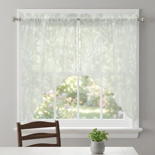 Sage Green Floral Curtain Set - 2 Panels, 45 Inch Length, Semi-Sheer Valances for Kitchen & Living Room, Rustic Pastoral Style with Variation Green, Sage, Celadon, Mist
