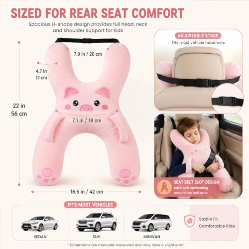 Kids Car Pillow with Animal Design, Neck Support & Seat Belt Slot - Dog Variation