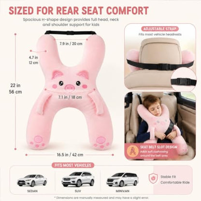 Kids Car Pillow with Animal Design, Neck Support & Seat Belt Slot - Dog Variation