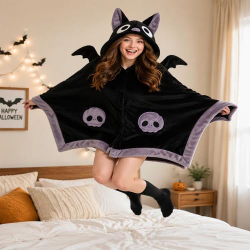 Halloween Bat Blanket Hoodie for Adults Kids Oversized Sherpa Wearable Throw