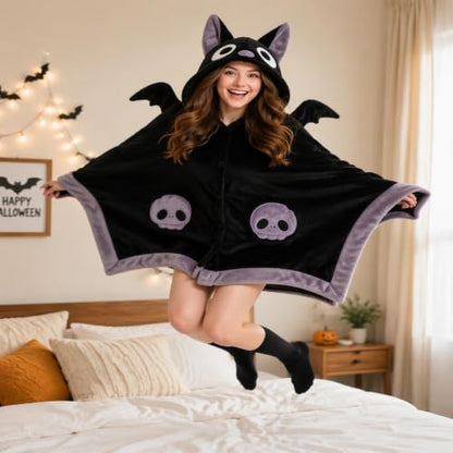 Halloween Bat Blanket Hoodie for Adults Kids Oversized Sherpa Wearable Throw