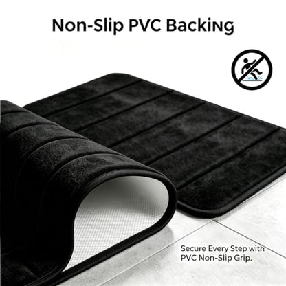 Memory Foam Bath Mat Set - Black, Non Slip & Quick Dry Bathroom Rugs