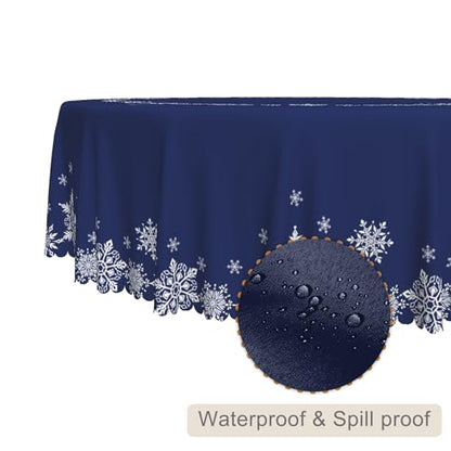 Christmas Round Tablecloth 42 Inch Navy Blue Snowflakes Circular Washable Fabric Holiday Decor Variation