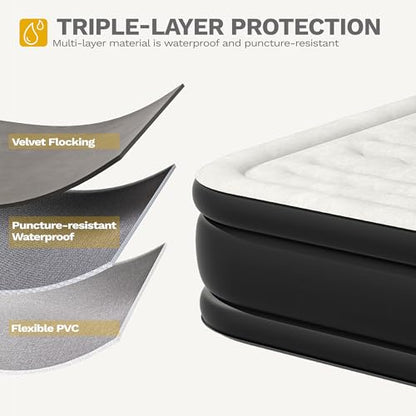 Queen Size Air Mattress with Headboard & Cup Holders, Portable Inflatable Bed