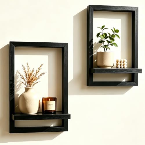 Rectangular Wooden Wall Shelf for Indoor Plants - Set of 2 Black Shelves