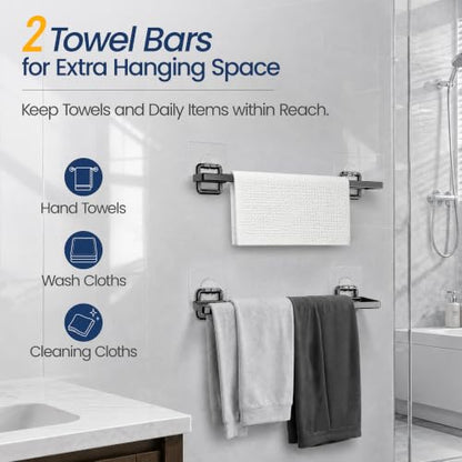 8 Pack Shower Caddy Set with 2 Towel Bars Bathroom Organizer No-Drill Adhesive Mount