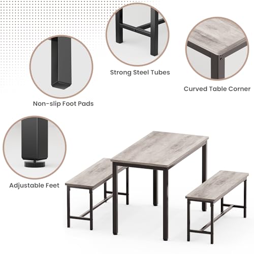 Dining Table Set for 4 with 2 Benches - Space-Saving Modern Kitchen Grey