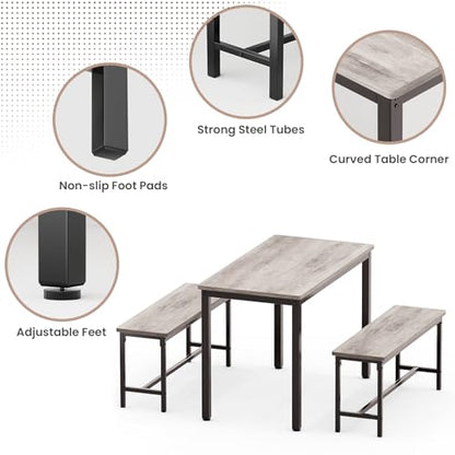 Dining Table Set for 4 with 2 Benches - Space-Saving Modern Kitchen Grey