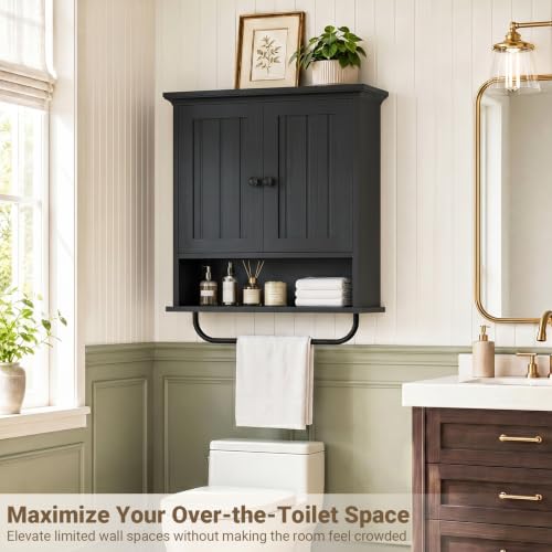 Besiost Farmhouse Bathroom Wall Medicine Cabinet with Removable Towel Bar - Black