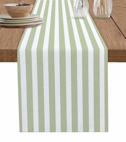 Sage Green Striped Cotton Linen Table Runner 13x72 Inch - Modern Farmhouse Decor