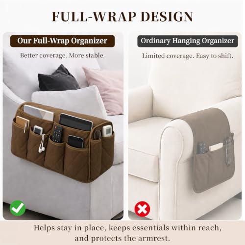Brown Remote Control Holder for Armchair Caddy with 14 Pockets - Full Wrap Design