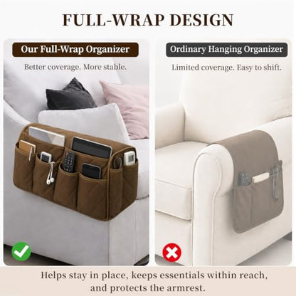 Brown Remote Control Holder for Armchair Caddy with 14 Pockets - Full Wrap Design