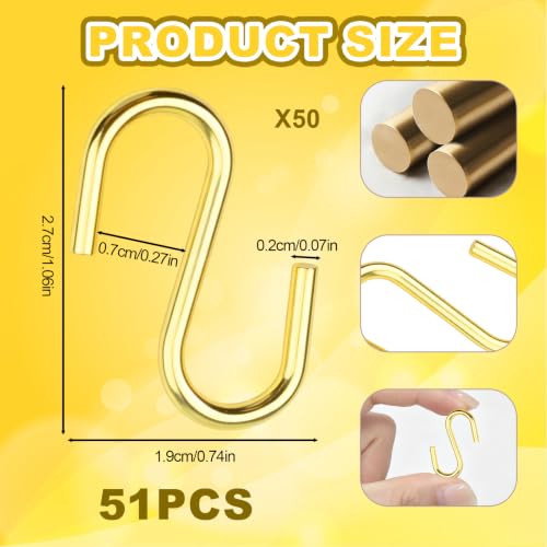 50 Pack Small Metal S Hooks - 1 Inch Gold Hanging Hooks for Organization