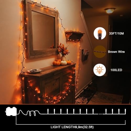JUSTPRO 100 LED Orange Fall String Lights Battery Operated with Multi-Function Modes - Indoor Decor