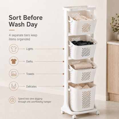 4 Tier Laundry Basket Organizer - Vertical Laundry Hamper with Wheels - C