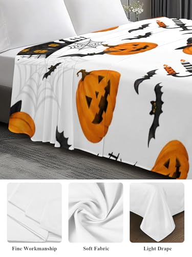 Halloween Pumpkin Haunted Castle Flat Sheet King Size - Orange, Charcoal, White, Cream