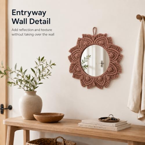Small Boho Wall Mirror with Macrame Frame - Coffee Brown Home Decor