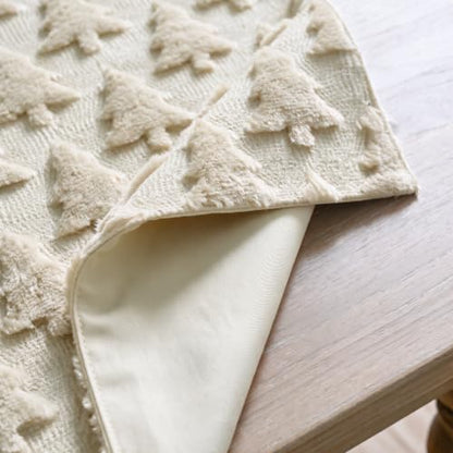 Beige Christmas Tree Table Runner 13x72 Inch Faux Fur Jacquard Holiday Decor