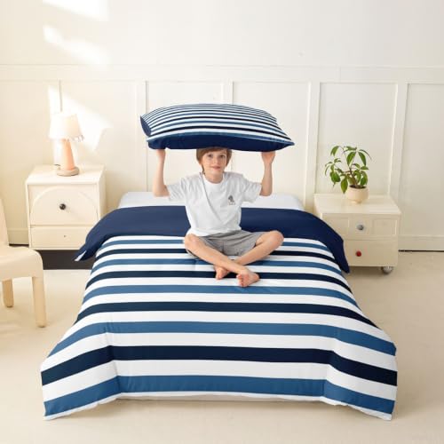 Kids Boys Girls Retro Striped Duvet Cover Twin Size Navy Blue White No Comforter Variation