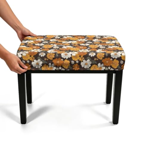 Jeiento Retro Orange Daisy Flower Piano Bench Cover Small - Non-Slip Elastic Seat Protector