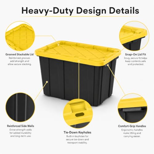 Stackable 27-Gallon Storage Bins with Lids - Black and Yellow, Heavy Plastic, 6 Pack