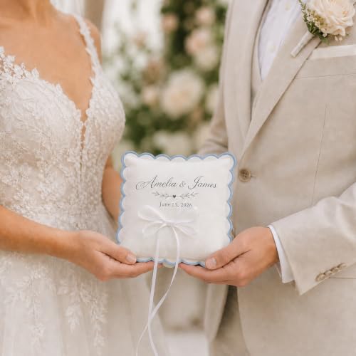 Personalized Wedding Ring Pillow with Embroidery & Scalloped Edge