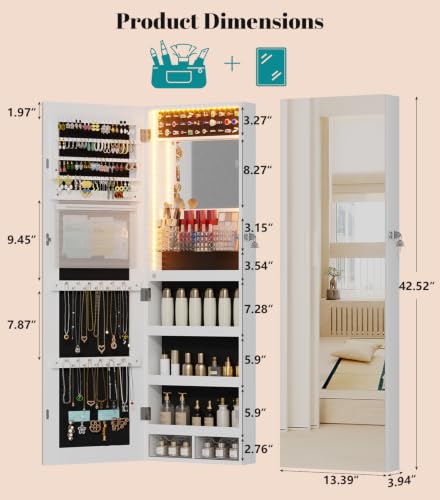 Vlsrka LED Mirror Jewelry Cabinet Over Door Wall Mount 42.5" White