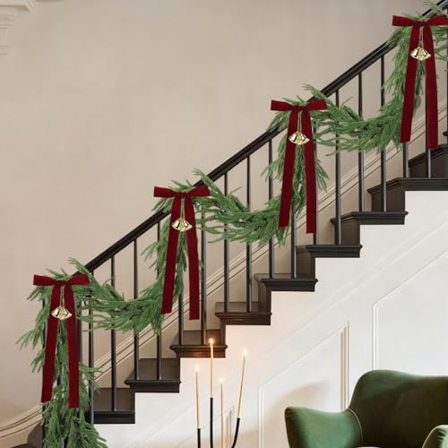 29.5 ft Artificial Norfolk Pine Garland Christmas Decor with Ribbons & Bells