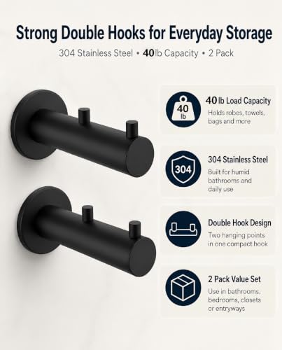 Heavy Duty Wall Hooks Double Black Matte 2 Pack for Bathroom Kitchen Entryway