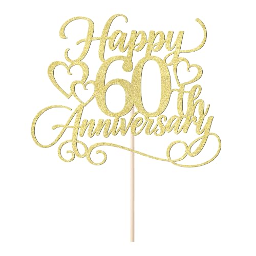 Happy 60th Anniversary Cake Topper Glitter Celebration Decoration - Gold