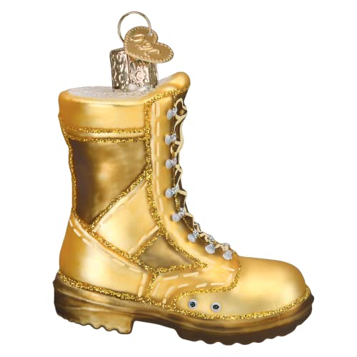Military Boot Glass Ornament - Gold Combat Boot with Flag Patch, Handcrafted Holiday Decoration, 3 x 2.75 Inches