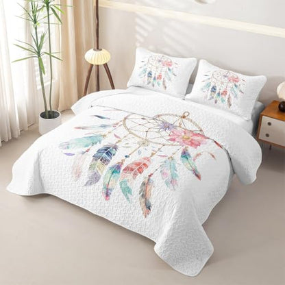 Queen Dream Catcher Quilt Set Boho Feather Bedding Coverlet with Pillows - Blue Red