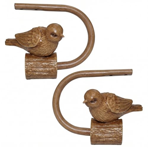 Faux Wood Bird Finial Curtain Holdbacks Tiebacks with Hooks - Rustic Home Decor