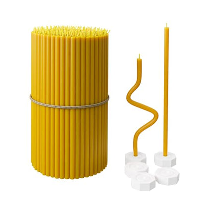 Yellow Beeswax Taper Candles Bulk 200pcs with 5 Candle Holders, Honey Scent, Smokeless