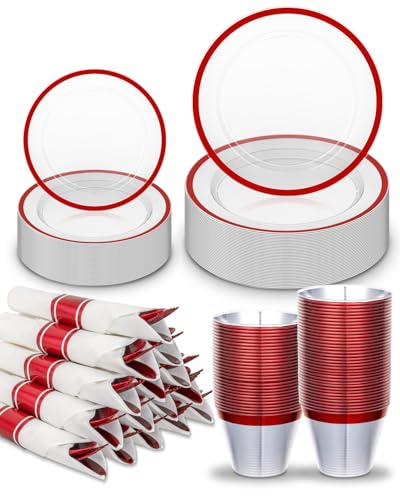 Red Plastic Dinnerware Set for 25 Guests - 175 Pcs, Party Disposable Plates & Cups
