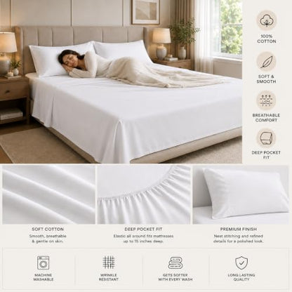 Cotton King Bed Sheet Set 400 Thread Count Sateen Deep Pocket White