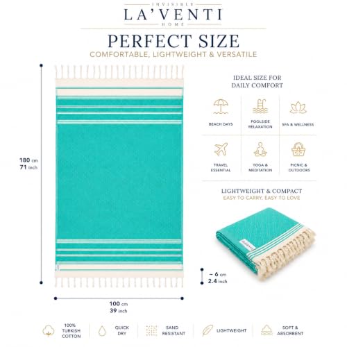 Oversized Turkish Cotton Beach Towel - Quick Dry Sand-Resistant Travel & Pool Towel, Aqua Blue 39 x 71 inches