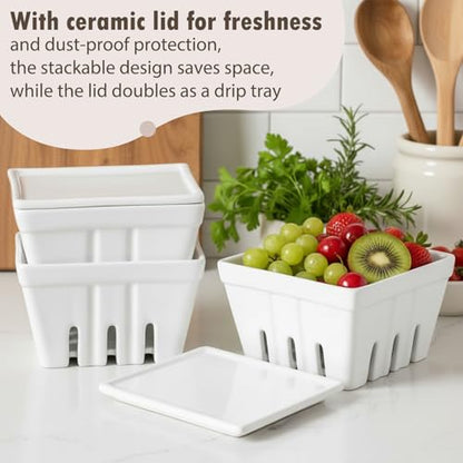 4-Pack Ceramic Berry Basket with Lids - White Classic