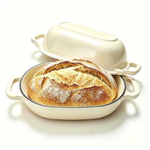 White 5QT Oval Cast Iron Dutch Oven for Bread Baking with Lid