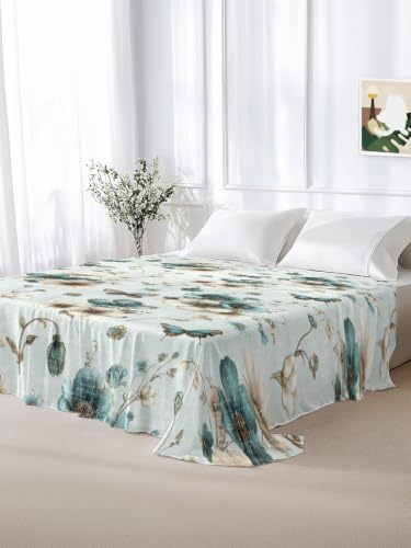 Twin Flat Sheet - Pale Blue-Green Floral Microfiber Bed Sheet for Twin Bed