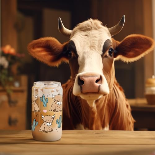 Highland Cow Mug - Rustic Glass Cup with Lid, Straw & Gift Box for Cow Lovers