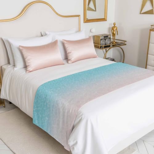 83" x 20" Queen Size Ocean Waves Bed Runner Scarf Satin Coastal Decor Aqua Variation