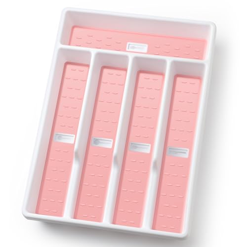 Silverware Organizer with Cutlery Icons，Silverware Tray for Kitchen Drawer，Plastic Flatware Tableware Silverware Drawer Organizer Utensil Organizer with Non-slip TPR Linings，5-Compartment，Pink