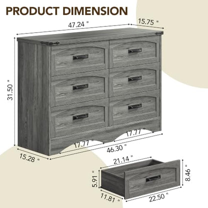 Decofy Grey 47" Farmhouse 6-Drawer Dresser for Bedroom — Variation: Grey