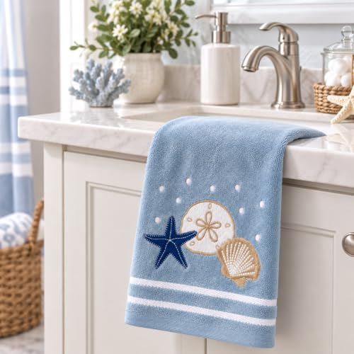 Gone Coastal Hand Towels for Bathroom - Light Blue Shells, Starfish & Sand Dollar - 2 Pack