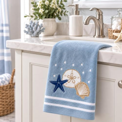 Gone Coastal Hand Towels for Bathroom - Light Blue Shells, Starfish & Sand Dollar - 2 Pack