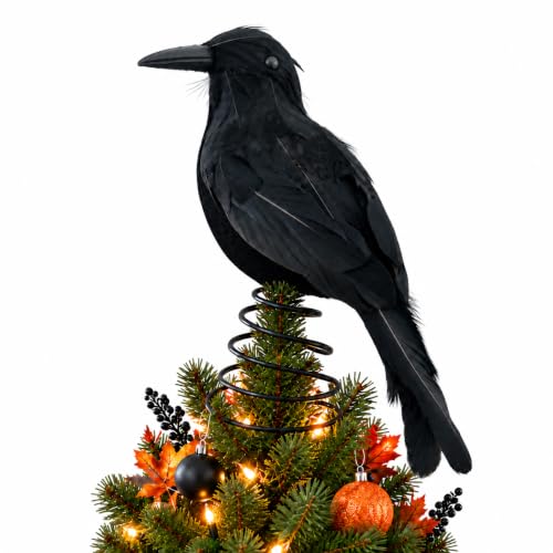 Halloween Crow Tree Topper - 9 Inch Black Raven Decoration for Tall Trees