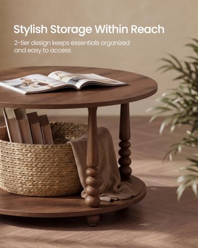 VASAGLE 2-Tier Round Coffee Table with Storage - Chestnut Brown