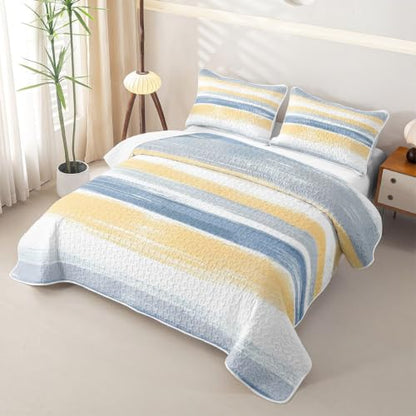 Erosebridal Geometric Twin Size Quilt Set - Blue Yellow Gradient Striped Ombre